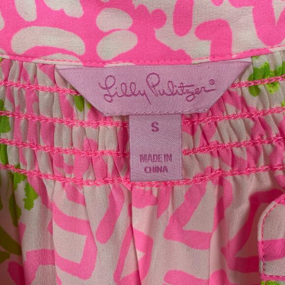Lilly Pulitzer Pink&Green Silk Elsa Top Home Slice Pink Pineapple Sz.S - Picture 8 of 15